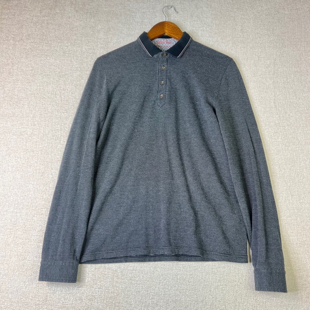 Ted Baker London Mens Long Sleeve Textured Knit Polo Shirt Grey Size 3 Medium